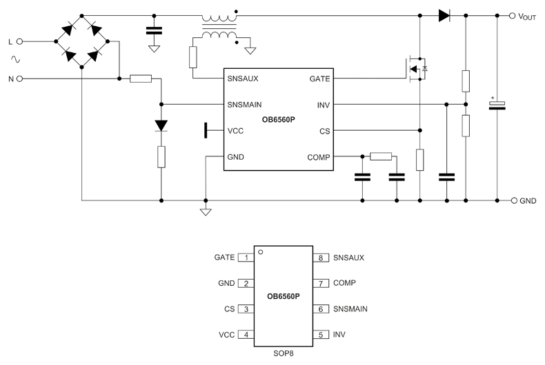 Рис. 16. Типовая схема ККМ с режимом разрывных токов на базе контроллера OB6560P