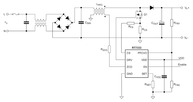 Рис. 17. Схема ККМ с гибридным режимом CrCM/DCM на базе контроллера RT7333