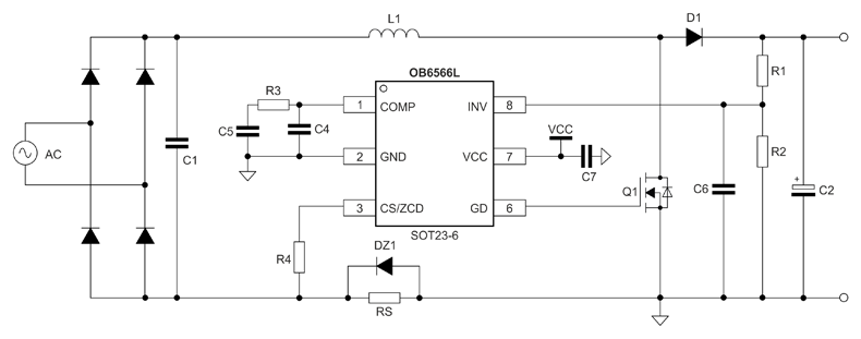 Рис. 9. Принципиальная схема ККМ с OB6566L (On-Bright)