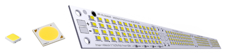 Рис. 1. Единичный SMD-светодиод, CoB (несколько кристаллов с общими подложкой и люминофором) и панель из 208 светодиодов производства компании Аргос-Электрон
